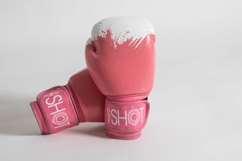 Barbie Pink Boxing Gloves with a white paint splat design 