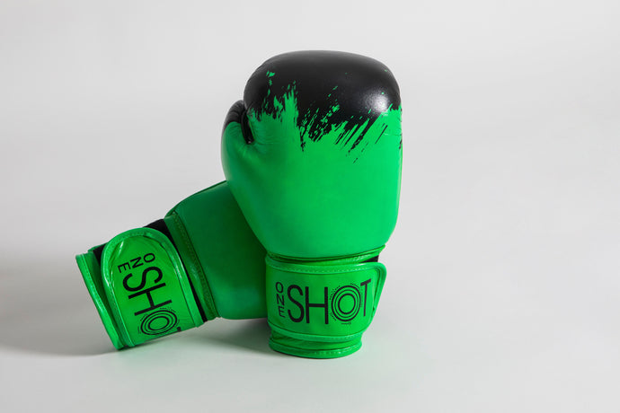 Bottega Green Gloves with a black base and paint splat design